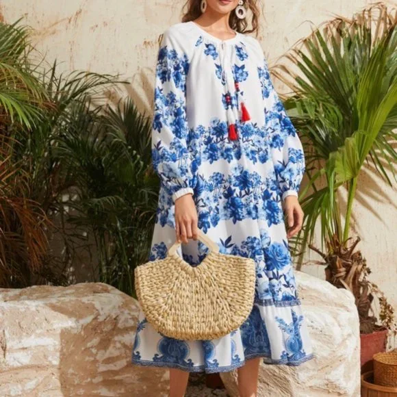 SHEIN | Dresses | Blue White Floral Dress Blousy Romantic French Country  Peasant W Tassels | Poshmark
